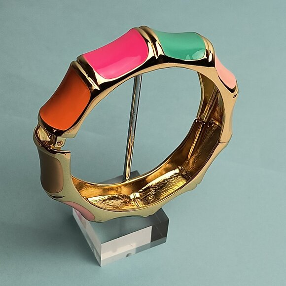 STATEMENT Enamel Bamboo Vibrant Multicolor Cuff Bangle Bracelet Gold T - Picture 2 of 8